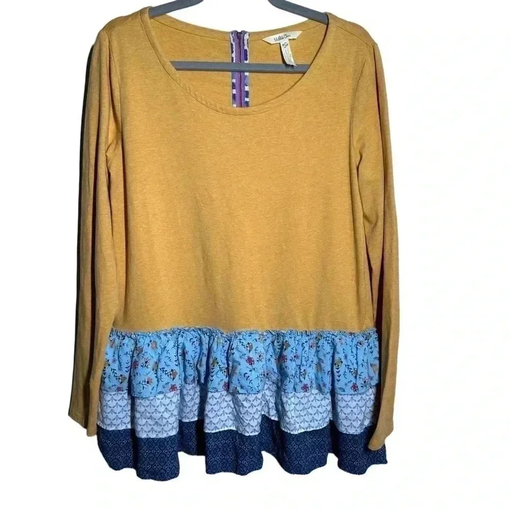 Matilda Jane Weekend Vibes Tunic Top Yellow Blue Tiered Ruffle Hem Women's L
